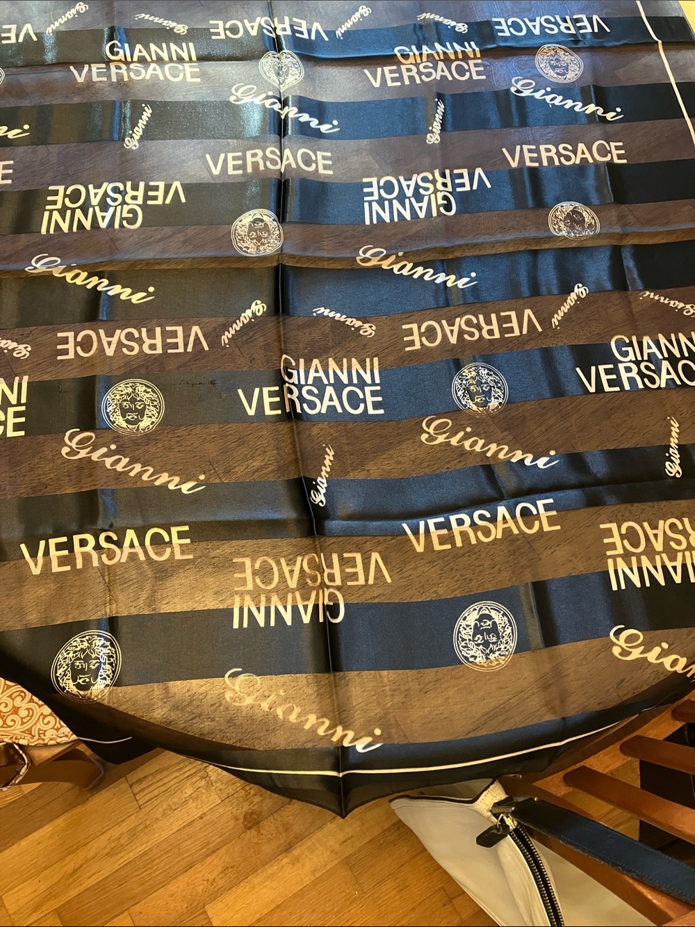 Silk Gianni Versace “Plenty of Logo” Black and White Scarf Wrap with Medusa Coin